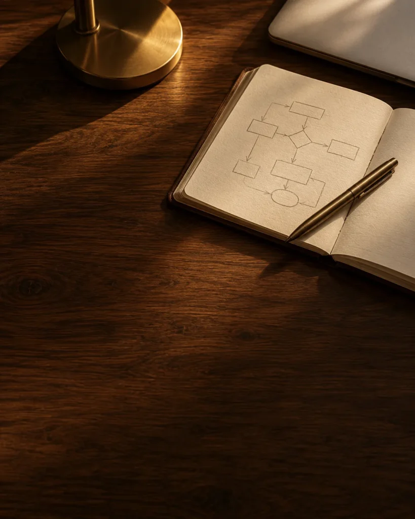 Cuaderno con un diagrama de sistema, pluma de latón y lámpara sobre mesa de nogal