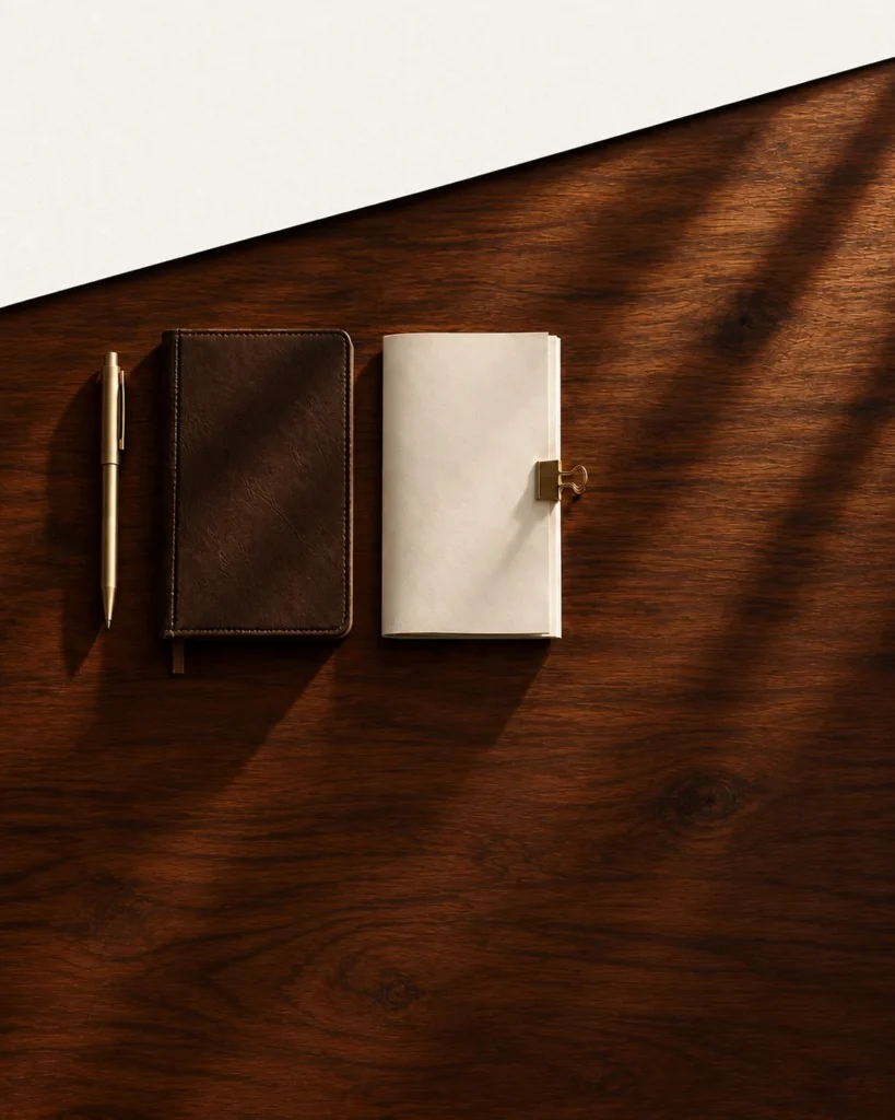Pluma de latón, cuaderno de piel y documento con pinza de latón alineados sobre una mesa de nogal